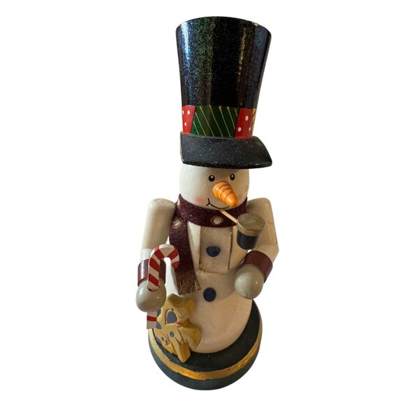 Handcrafted Wooden Snowman Nutcracker Figurine With Glittered Top Hat & Festive - Picture 2 of 5